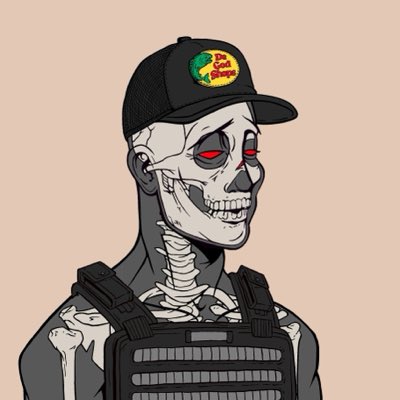An illustrated cartoon skeleton character wearing a black cap with a 'The Bass Shop' logo, red glowing eyes, and a tactical vest against a beige background.