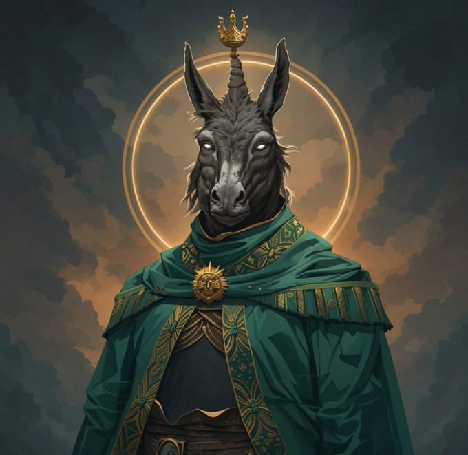 A fantasy illustration of a donkey-like creature wearing a green and gold robe with a sun emblem, topped with a small crown and featuring a glowing golden halo in the background.