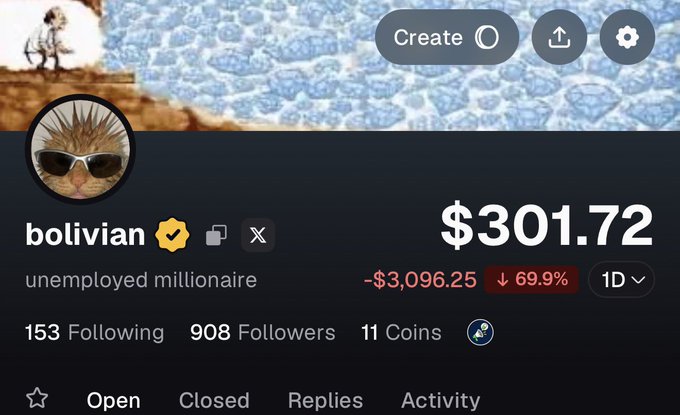 A social media profile for "bolivian" (@unemployed millionaire) displays a portfolio value of $301.72, showing a -$3,096.25 (↓69.9%) 1-day decline, with 153 following, 908 followers, and 11 coins. The image illustrates Pumpfun's newly verified account feature, highlighted by the verified badge next to the username, designed to protect users from being scammed by fake accounts.