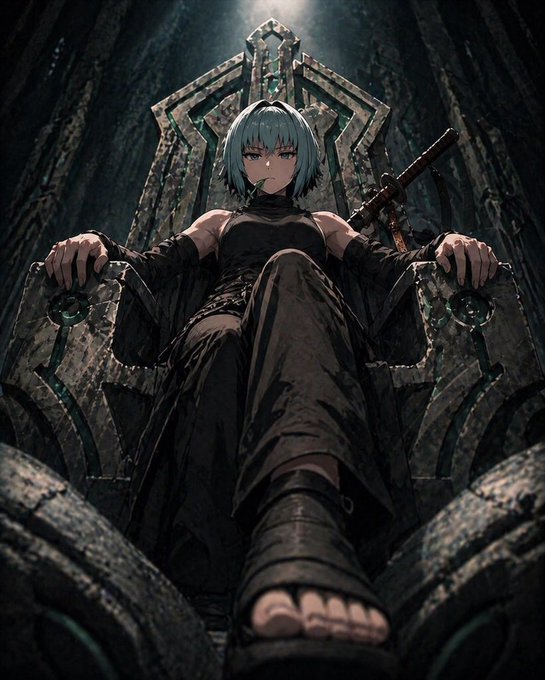 A dark anime-style illustration of a blue-haired character in black clothing sitting on an ornate throne, holding a sword while looking down at the viewer.