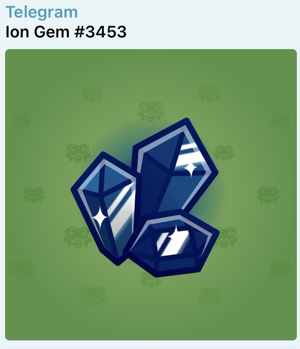 A Telegram digital collectible item titled 'Ion Gem #3453', showing three dark blue, crystalline gem illustrations on an olive green background with a faint dog pattern.
