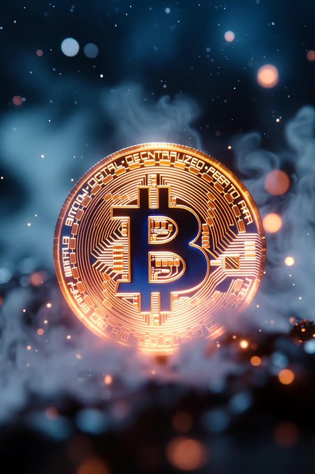 A stylized glowing golden Bitcoin (₿) coin floating amid blue smoke and orange sparkles, featuring text around its rim reading 'BITCOIN DIGITAL DECENTRALIZED PEER TO PEER'.