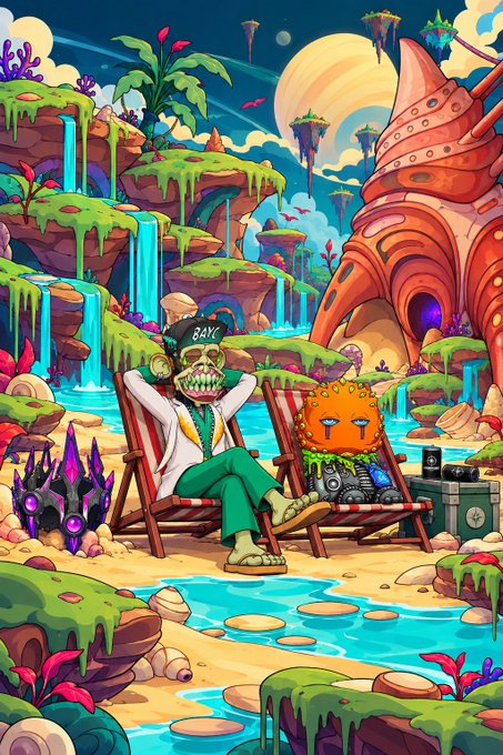 A colorful cartoon illustration shows a zombie character wearing a 'BAYC' cap and green pants lounging on a beach chair in a fantastical landscape with waterfalls, alongside a crying orange character.