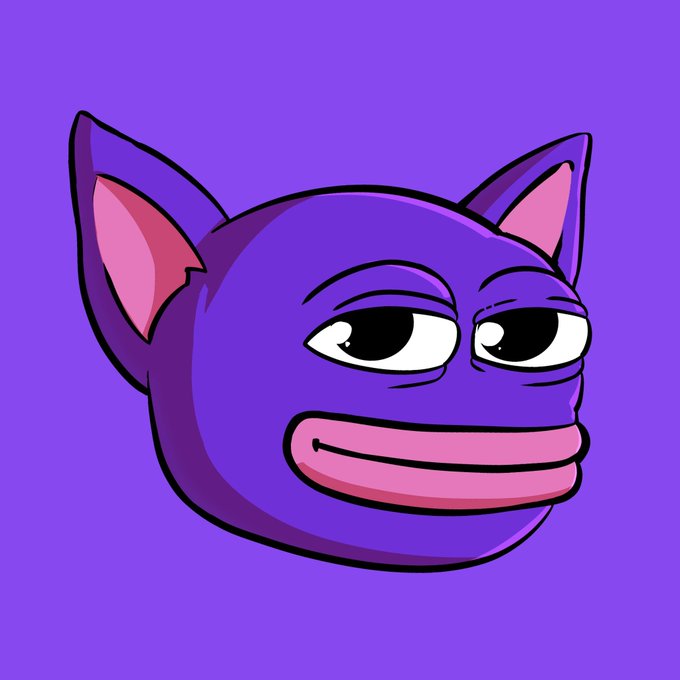 A cartoonish purple cat-like character with pink ears, a large pink mouth, and half-lidded eyes on a solid purple background.