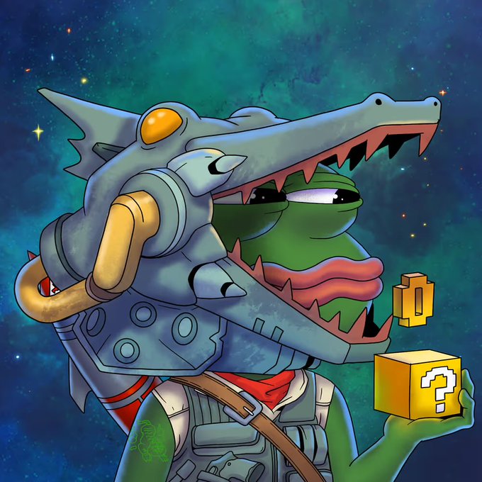 Digital artwork of a Pepe the Frog-style character wearing a mechanical shark/dragon helmet armor and holding a gold question mark block, set against a starry space background.