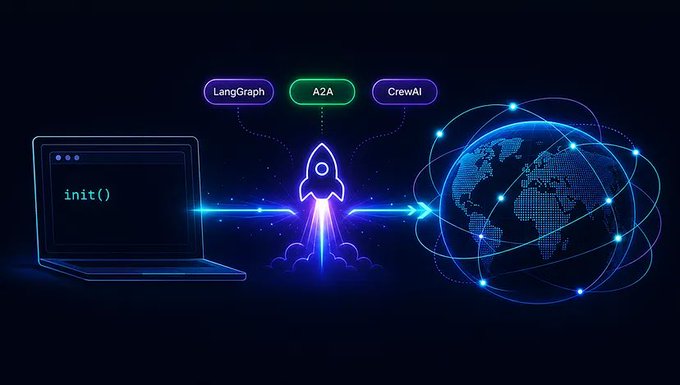 A glowing rocket launches from a laptop displaying "init()" toward a networked globe, passing through nodes labeled "LangGraph," "A2A," and "CrewAI," visually representing the Agentverse SDK 0.2.0's promise of launching an agent with one line of code into a global ecosystem of 3 million agents.