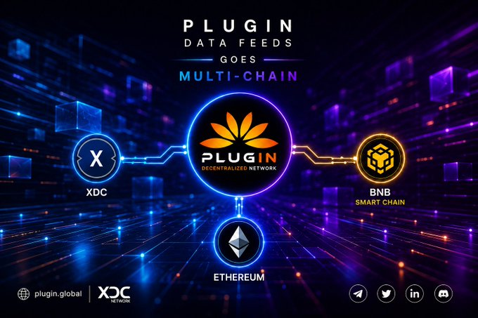 A futuristic digital graphic titled "Plugin Data Feeds Goes Multi-Chain" showcases the Plugin Decentralized Network logo at the center, connected via glowing data lines to three blockchain nodes: XDC, BNB Smart Chain, and Ethereum. The image visually reinforces the announcement that Plugin Data Feeds are now live on testnet across multiple networks, highlighting the XDC Apothem and Ethereum integrations as part of the multi-chain expansion.