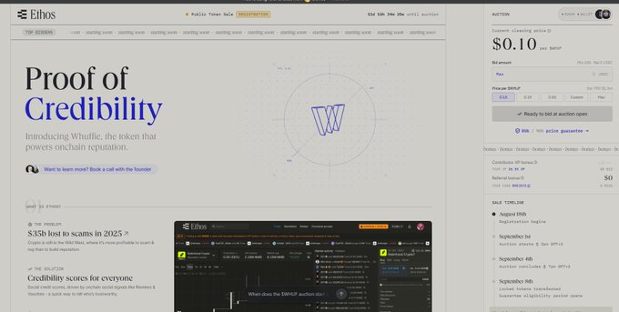 Screenshot of the Ethos website featuring 'Proof of Credibility' and introducing 'Whuffle', the token powering on-chain reputation, with an auction panel showing $0.10 and the ticker WHUF.
