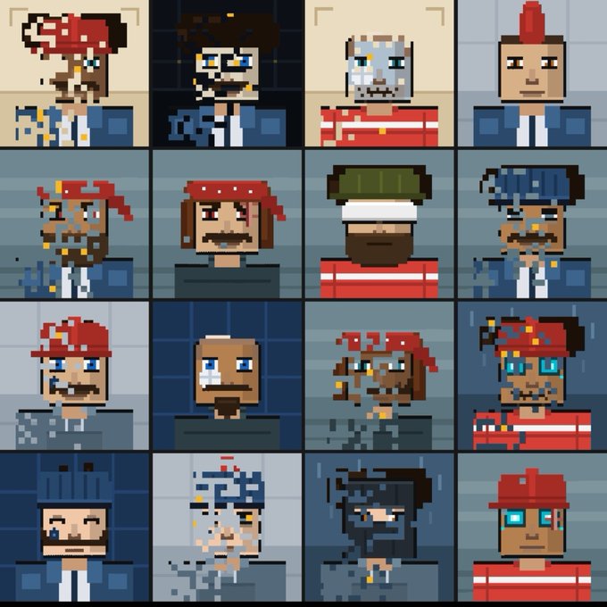 A 4x4 grid displays 16 pixel-art character portraits with varied features like bandanas, masks, hats, and unique facial expressions, visually representing the privacy-focused digital identity theme of the ZADDR NFT collection on Zcash.