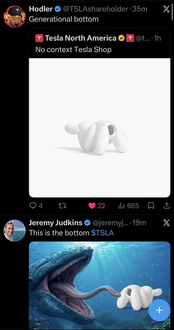 A screenshot of the X app showing a thread where user @TSLAshareholder posts "Generational bottom" with an image from @Tesla North America captioned "No context Tesla Shop" featuring a white abstract sculpture, followed by @jeremyj... commenting "This is the bottom $TSLA" with a shark chasing the sculpture. The image relates to the caption by showing how the app's algorithm served up back-to-back bearish TSLA posts in succession, perfectly matching the joke that the "algo is cooking" with a non-stop stream of Tesla bear content.