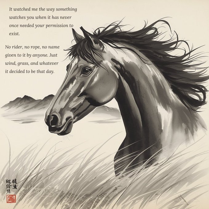 A black-and-white ink-wash style illustration of a wild horse's head surrounded by flowing mane and grass, accompanied by a short poem about its untamed nature.