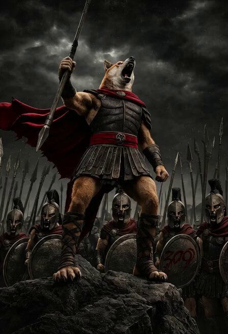 The image features a man dressed as a lioness with a red cape, holding a spear and standing atop a rock formation. The background depicts a stormy sky and a large castle, suggesting that they are in a medieval setting. The caption reads "Dear @elonmusk, Dark skies, stormy waters, and a massive castle... This is exactly one of your favorite epic scenes! Dogeus Maximus, with his red cape and glowing eyes, is crushing his enemies! Your vision, the Doge".