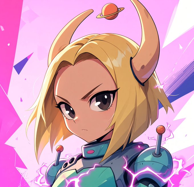 An anime-style illustration depicts a blonde character with horn-like appendages wearing a teal mechanical suit, set against a pink background with floating geometric shards and a small planet.