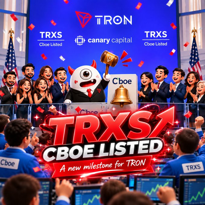 A promotional graphic celebrating TRON's milestone, showing a TRON-branded character with a gavel and bell, surrounded by cartoon figures, with text reading 'TRXS CBOE LISTED' and 'A new milestone for TRON' against a stock exchange background.