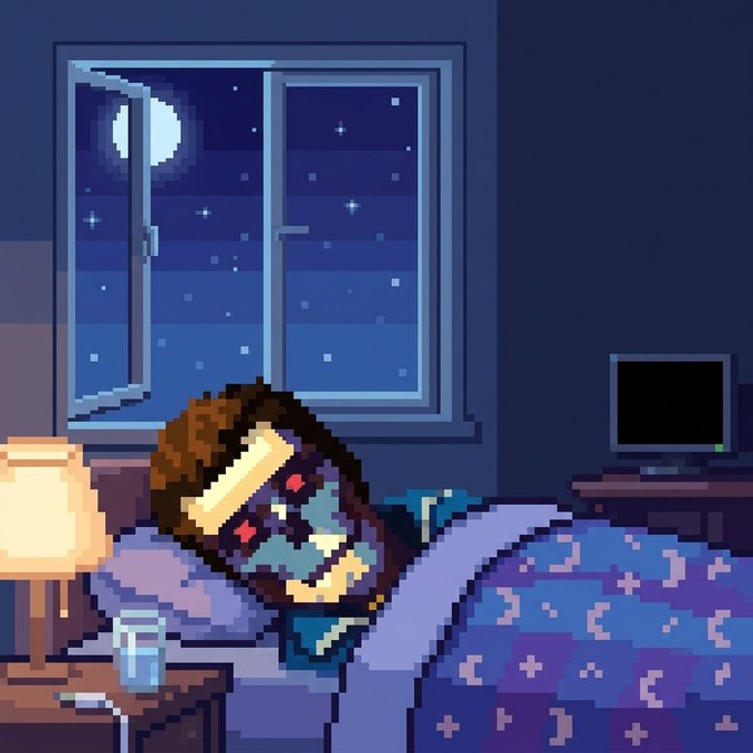 A pixel art illustration of a person sleeping in bed with a blue patterned blanket and a night mask on, illuminated by a bedside lamp against a dark room with an open window showing a night sky.