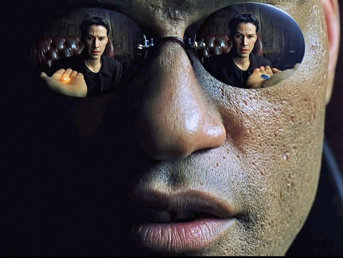 The image features a close-up of a man's face with his eyes closed, wearing glasses that reflect another person's face. The background appears dark, which emphasizes the subject matter. The caption "This is your last chance. After this, there is no turning back." suggests that the image might be related to a movie or show where the main character has just experienced a life-altering event and must make a difficult decision. The post also mentions Morpheus from The Matrix as a reference, which could potentially be a connection between the man's reflection in the glasses and the character Morpheus from the same franchise.