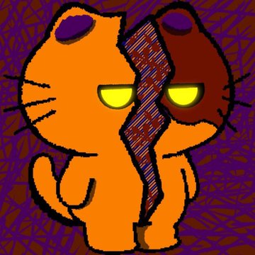 A cartoon-style orange cat with a purple stitched scar down the middle of its face and glowing yellow eyes stands against a textured purple background, fitting the giveaway's mysterious and digital art aesthetic. The image has no visible text and serves as a visual representation for the promotional giveaway of 6 GTD spots for the @CHROMAFLOWNFT collection.
