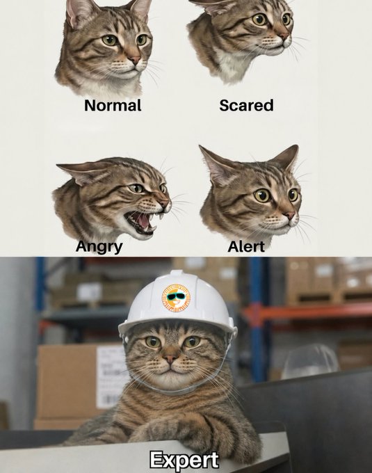 The image shows a humorous meme comparing cat emotions (Normal, Scared, Angry, Alert) to a cat wearing a hard hat labeled "Expert," symbolizing progression from novice to expert. It visually represents the post's message about supporters of @OfficialSUNIO evolving from curious beginners into knowledgeable ecosystem experts within the Web3 community.