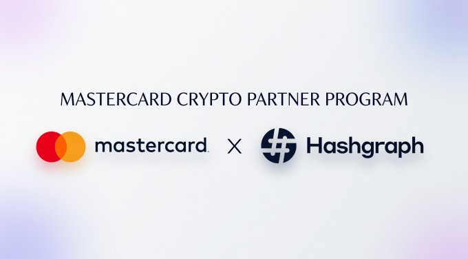 A promotional graphic announcing the 'MASTERCARD CRYPTO PARTNER PROGRAM' featuring the Mastercard and Hashgraph logos separated by an 'X'.