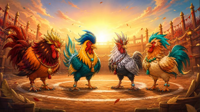 Four vibrantly colored roosters with elaborate plumage and ornate jewelry stand in an arena at sunset, poised for battle as if competing for the top ranks on a leaderboard. The image's competitive showdown setting visually mirrors the post's invitation for users to share their rankings.