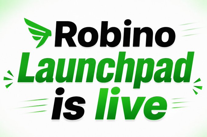 A promotional graphic with green and black text reading "Robino Launchpad is live" on a white background with a stylized rocket logo.