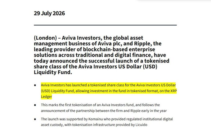 A news article dated 29 July 2026 announcing Aviva Investors and Ripple launching a tokenised share class for the US Dollar Liquidity Fund on the XRP Ledger.