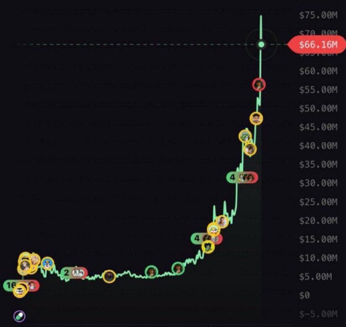 The image shows a meme coin price chart spiking from under $5M to a peak of **$66.16M**, overlaid with Pepe-style avatars and numbers like "16" and "4" marking various call points along the run. It illustrates the "told you to ape" pattern cited in the post, visually demonstrating the massive multiples ($CATE 1328x, $ANSEM 876x, $CASHCAT 1160x) used to hype the next "196x+" memecoin call-to-action.