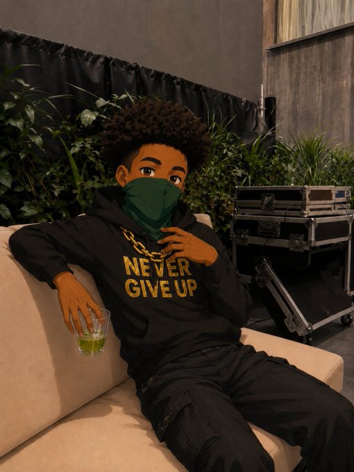 The image features a young man sitting on a couch with his arms crossed while wearing a hoodie and holding a drink. The background includes some plants and a suitcase, suggesting an indoor setting or perhaps a hotel room. There is also text present that reads "Never give up", which could be related to the content of the image or simply a random phrase.