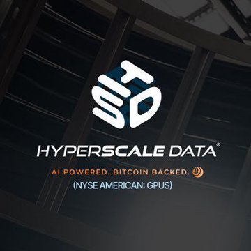 The image displays the Hyperscale Data logo, ticker "NYSE AMERICAN: GPUS", and tagline "AI POWERED, BITCOIN BACKED," aligning with the announcement that the company has surpassed 1,000 BTC in its corporate treasury.