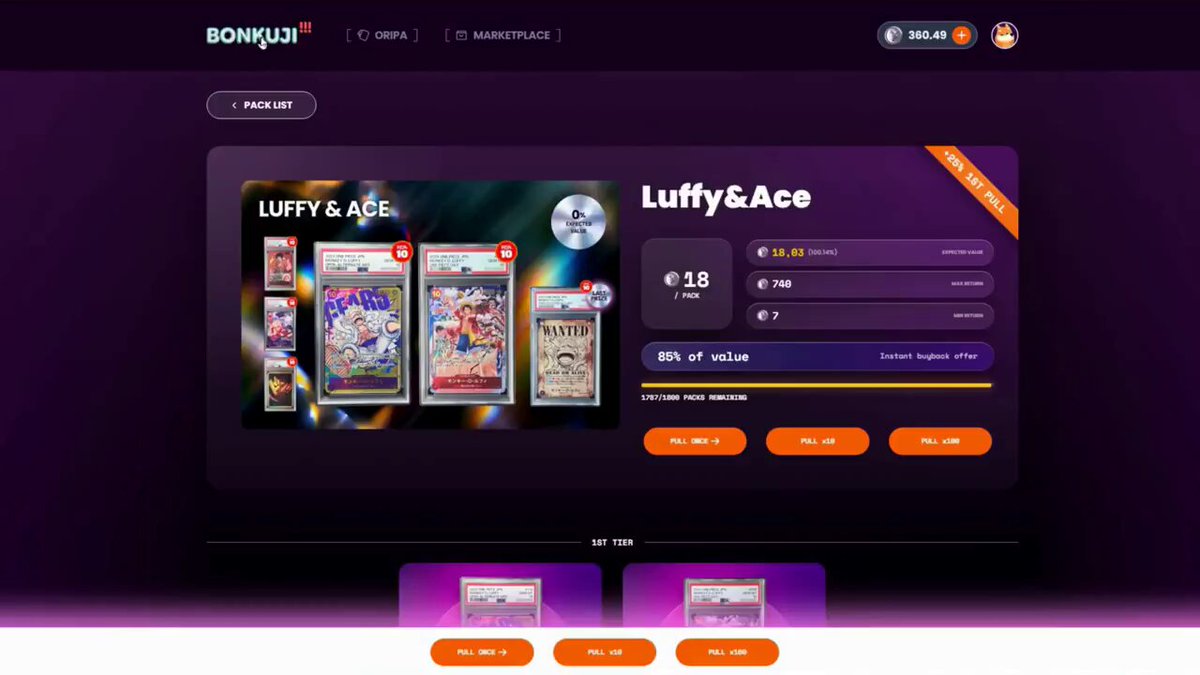 The image shows a website called BONKUJI, which has a gaming section with various games available for purchase. The website also offers a "pack" feature where users can browse through different game options and make purchases directly from the site. The post suggests that BONKUJI is expanding into the TCG (Ticket Card Games) genre, offering players new opportunities to explore and enjoy their favorite games in a more immersive way.