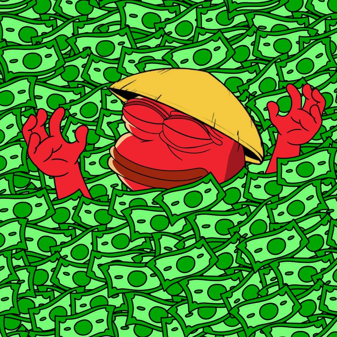 A red cartoon character with a yellow hat is buried waist-deep in a pile of green dollar bills, with its hands raised in surrender as if caught in a money trap. The image humorously illustrates the post about community cryptocurrency distributions, suggesting the overwhelming (and possibly anxiety-inducing) nature of unexpected airdrops or token claims where the actual value remains a mystery until you check.
