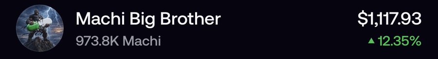 A crypto tracking app displays Machi Big Brother ($MACHI) at $1,117.93, up 12.35%, with a holding of 973.8K Machi—aligning with the post announcing the addition of $MACHI to their portfolio.