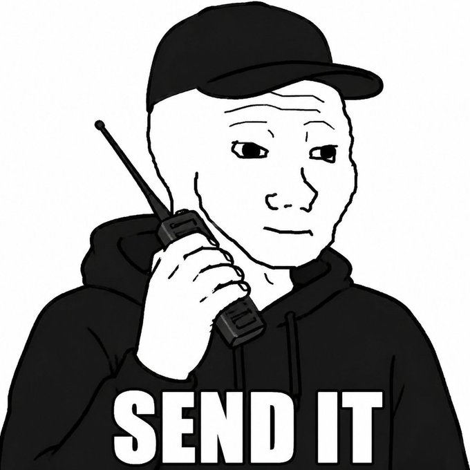 A black-and-white Wojak meme character wearing a cap and holding a walkie-talkie is shown above the text "SEND IT," conveying reckless enthusiasm that mirrors the poster's eagerness to buy more of the $WOJAK token.