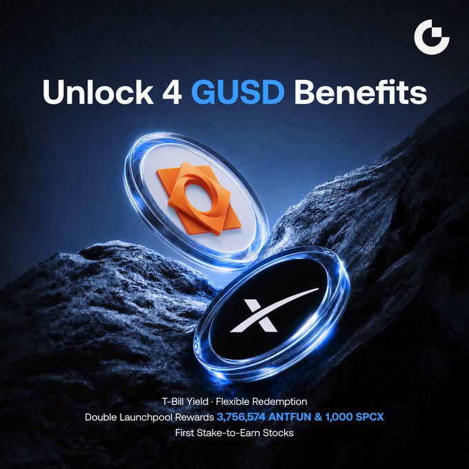 A promotional graphic titled "Unlock 4 GUSD Benefits" featuring the Gate.io logo and two floating coin tokens (an orange symbol and the XRP logo) against a dark rocky background, with text highlighting "T-Bill Yield · Flexible Redemption," "Double Launchpool Rewards 3,756,574 ANTFUN & 1,000 SPCX," and "First Stake-to-Earn Stocks"—complementing the Spanish post about GUSD's four earning opportunities, including a 3.8% APY on U.S. Treasury holdings and fee-free redemption.