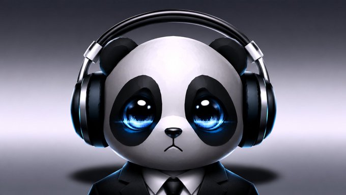 A stylized 3D illustration of a panda character wearing large black over-ear headphones and a black suit with white shirt, featuring glowing blue eyes displaying audio waveforms, set against a dark gray gradient background.