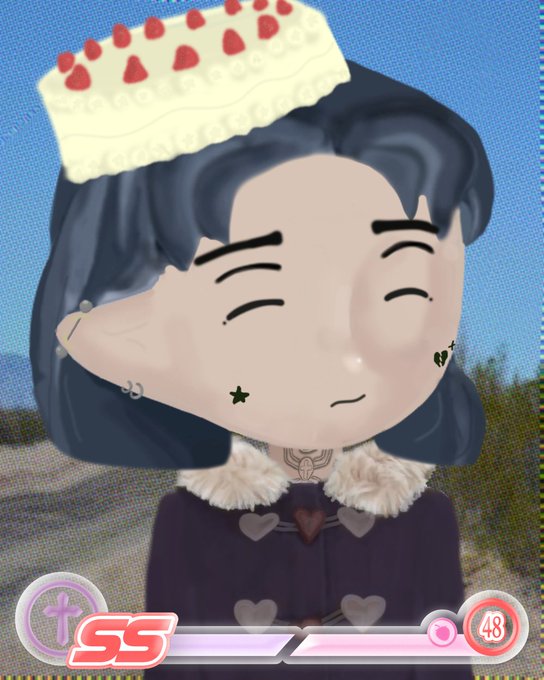A stylized 3D avatar of a character with short dark hair, a strawberry shortcake hat, and small star tattoos, displayed with an 'SS' and '48' interface at the bottom.