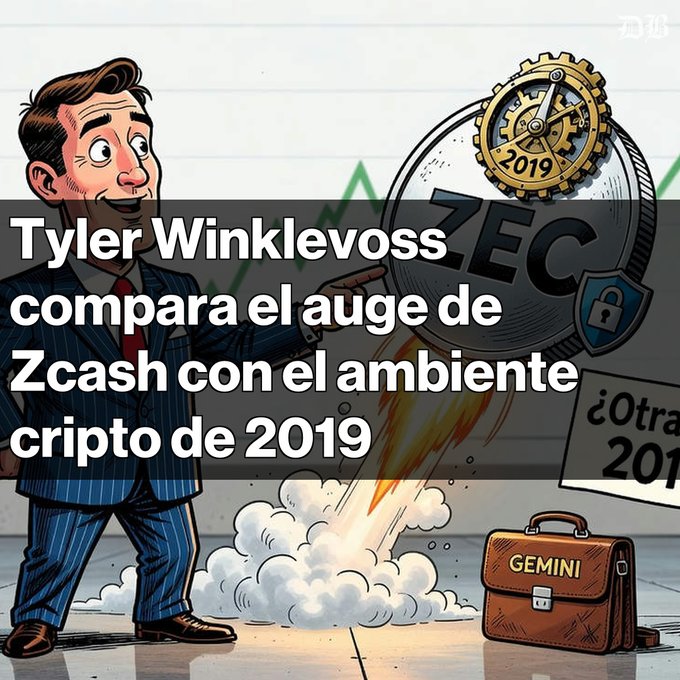A cartoon illustration of a businessman with the Spanish text "Tyler Winklevoss compara el auge de Zcash con el ambiente cripto de 2019", featuring a ZEC coin, a rocket launch, and a briefcase labeled "GEMINI".