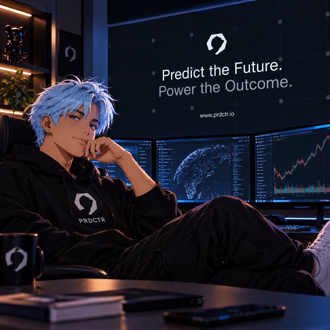 An anime-style illustration of a blue-haired character sitting in front of a multi-monitor setup with the text 'Predict the Future. Power the Outcome.' and 'www.prdctr.io' displayed on the main screen.