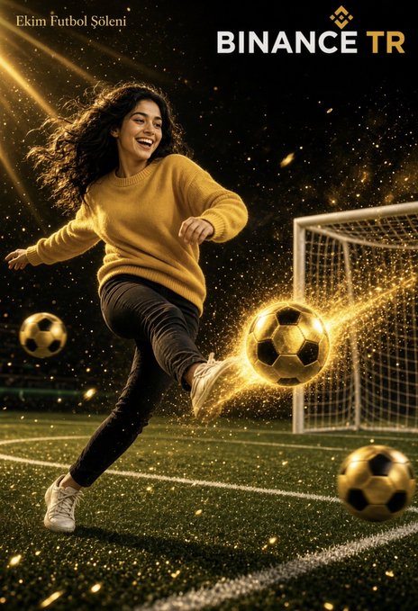 The image shows a woman in a yellow sweater kicking golden soccer balls on a football field with a goal in the background, under text reading "Ekim Futbol Şöleni" and "BINANCE TR," promoting Binance TR's October Football Festival—a promotional campaign the post highlights for its engaging football-themed experience.