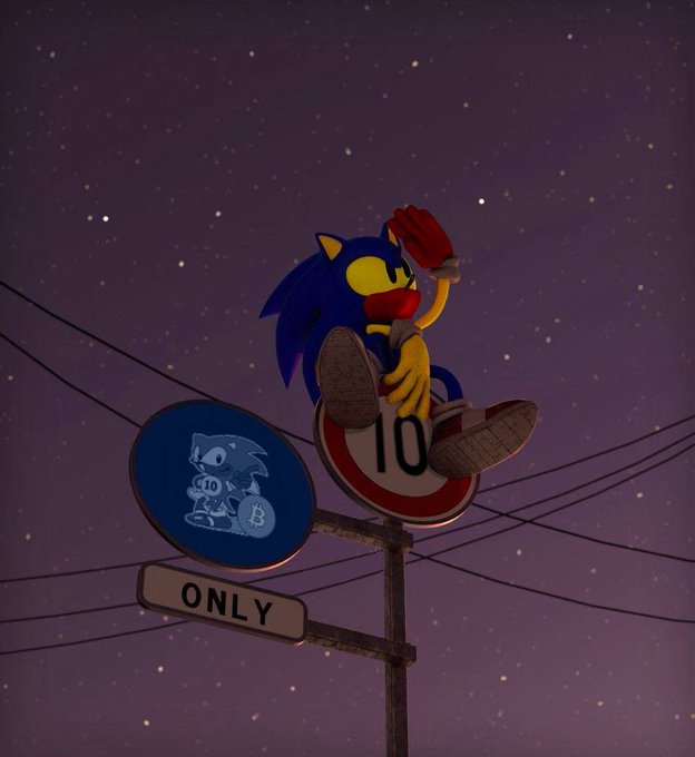 A 3D-rendered Sonic the Hedgehog figure sits atop a road sign showing a 10 mph speed limit, with a blue sign and "ONLY" text below, against a starry night sky.