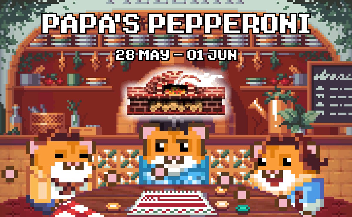 The image features a cartoon scene of three hamsters sitting at a table with pizza slices, surrounded by various items such as cups, bowls, and bottles. The background shows an illustration of a pizza restaurant or bar setting. The text on the image reads "Papa's Pepperoni", indicating that it is related to a celebration for Bitcoin Pizza Day.