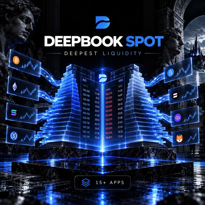 Promotional graphic for 'DEEPBOOK SPOT' highlighting 'Deepest Liquidity,' featuring an open book with bid/ask order books and floating crypto token panels.