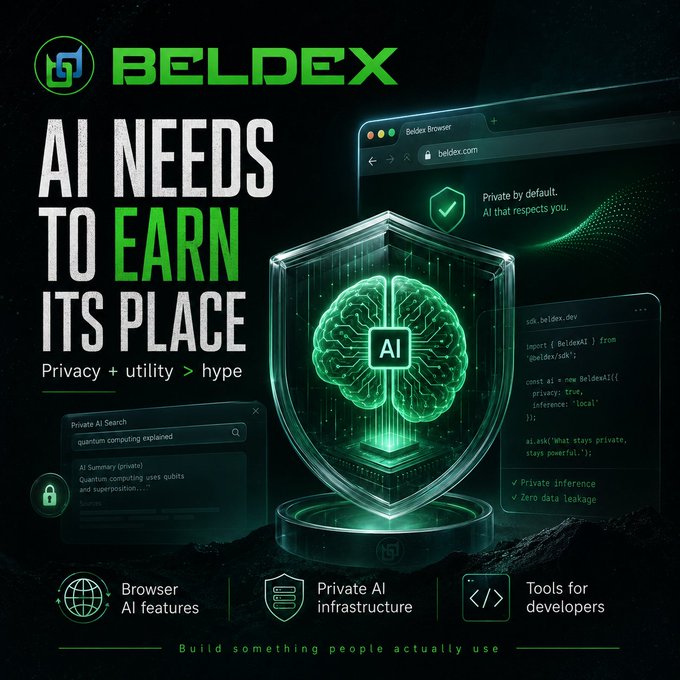 A promotional graphic for BELDEX with the headline 'AI NEEDS TO EARN ITS PLACE' and tagline 'Privacy + utility > hype', showcasing a glowing AI brain inside a shield.
