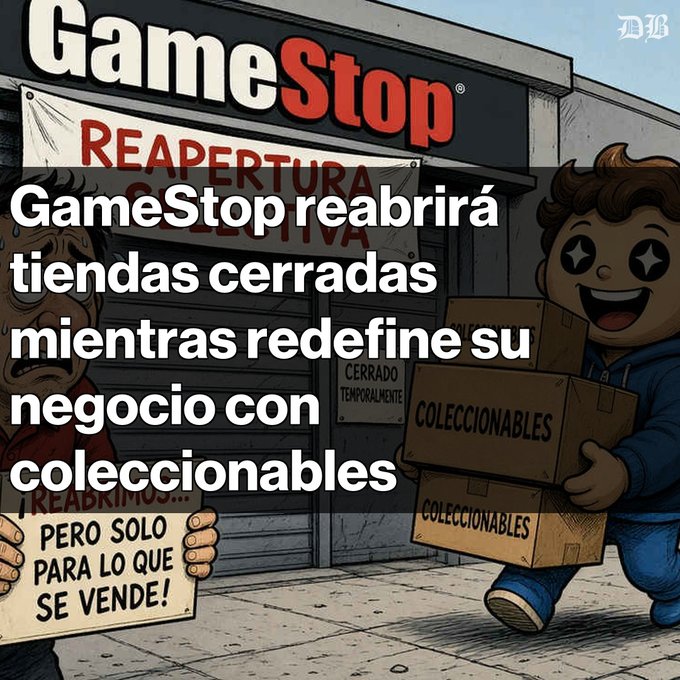 A cartoon-style meme showing a GameStop storefront with Spanish text reading 'GameStop reabrirá tiendas cerradas mientras redefine su negocio con coleccionables', featuring a cartoon character carrying boxes labeled 'COLECCIONABLES'.