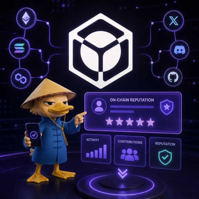 A 3D illustration of a duck character wearing a conical hat holding a smartphone with a checkmark, set against a purple tech-themed background featuring various crypto/Web3 platform logos and an 'ON-CHAIN REPUTATION' panel showing 5 stars with Activity, Contributions, and Reputation metrics.