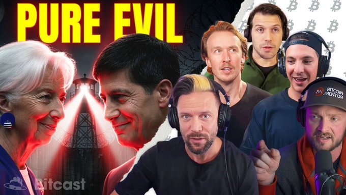 The image is a YouTube thumbnail for Bitcast featuring the bold text "PURE EVIL" above a dramatic red-toned illustration of a sinister man and a smiling woman in front of a radio tower, contrasted with photos of several crypto commentators including one wearing a "Bitcoin Mentor" cap. It promotes a live stream about a "Backdoor CBDC Plan" and its potential impact on Bitcoin reaching $440K, featuring guests Greencandleit, JoeConsorti, JoeyTweeets, WalkerAmerica, and brandon_gentile.