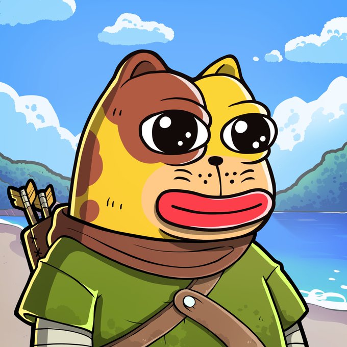 A cartoon illustration of a cat-like character wearing a green tunic and carrying arrows on its back, standing by a beach.