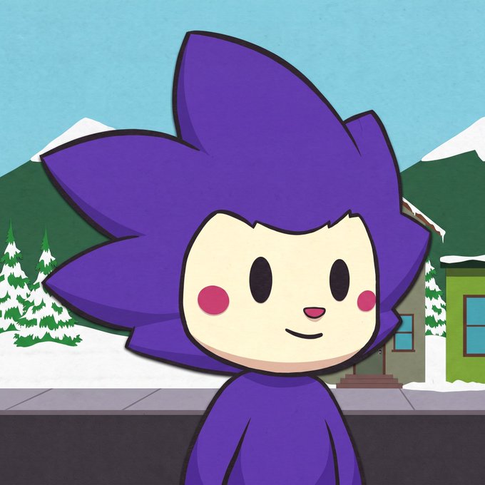 An animated purple character with spiky hair and rosy cheeks stands outdoors against a backdrop of snow-covered pine trees, mountains, and a green house.