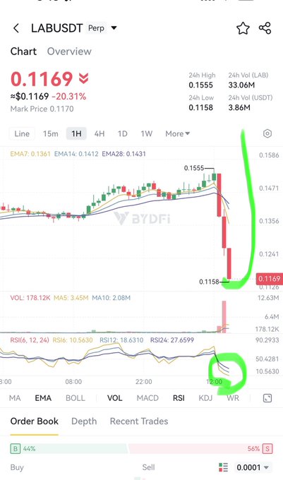 A cryptocurrency trading chart on BYDFi showing LABUSDT Perp at 0.1169, down 20.31%, with green annotations circling the recent price crash and the WR indicator at the bottom.
