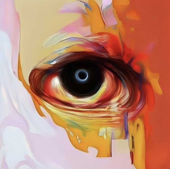 An abstract, colorful painting featuring a prominent central eye surrounded by swirling strokes of red, orange, yellow, and white paint.